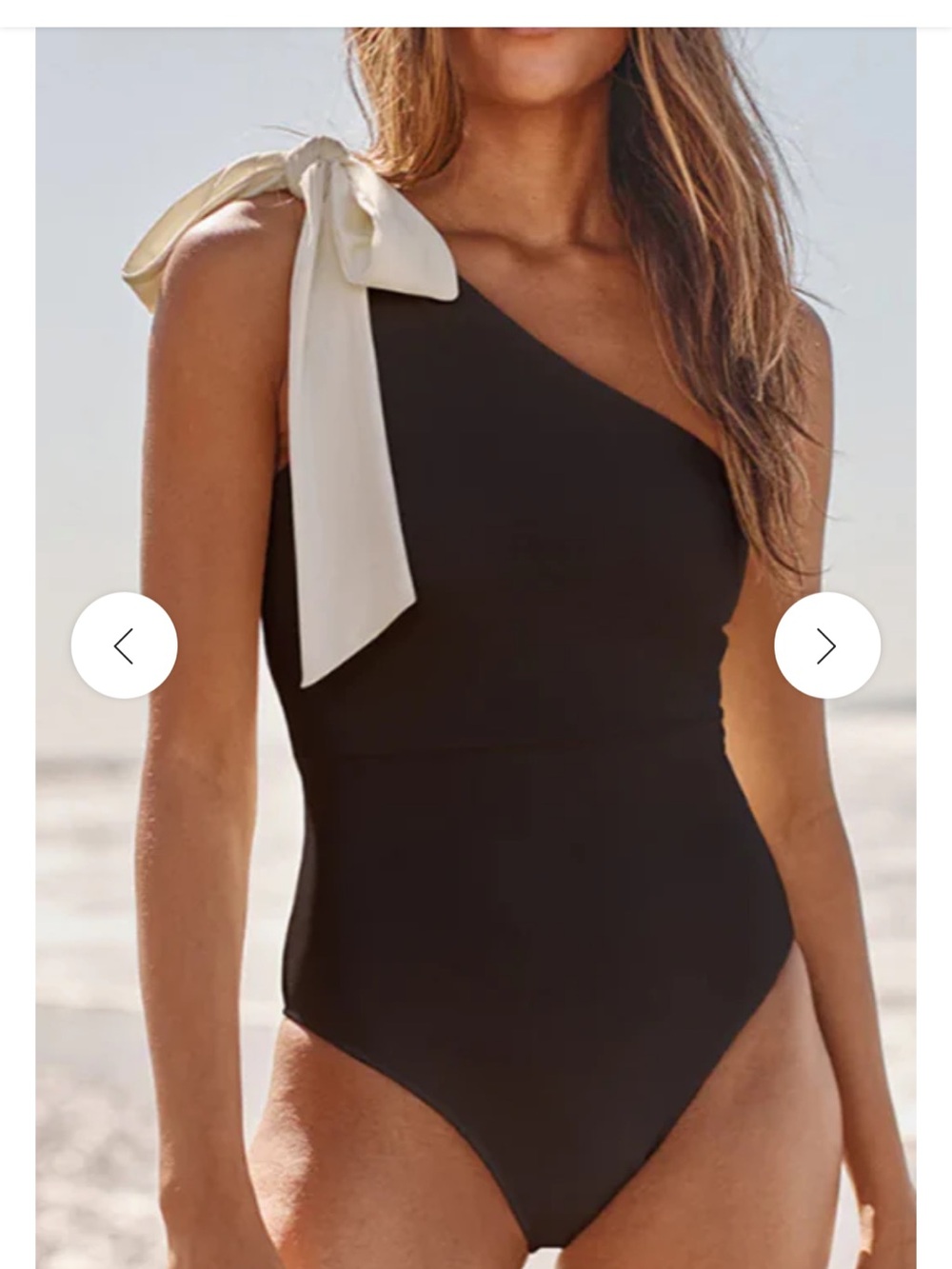 Asymmetric Black One-Piece Swimsuit with Cream Shoulder Tie